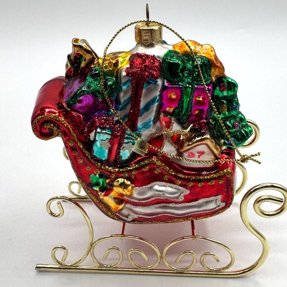 Vintage Fitz And Floyd Santa's Sleigh & Gifts Glass Ornament - Picture 1 of 5